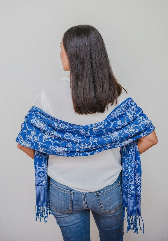 Handmade Batik Scarf, Blue White, Cotton Fabric, Butterfly