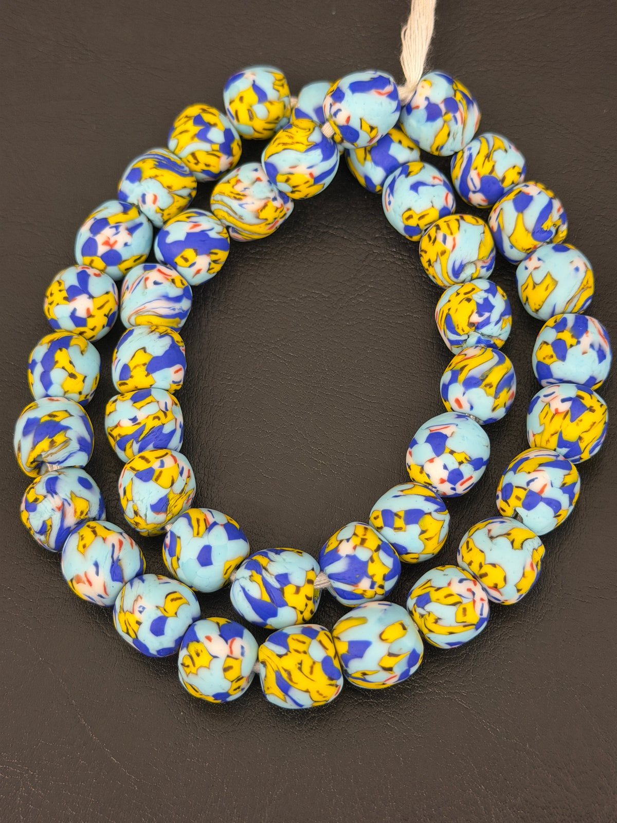 Authentic Fused Krobo Recycled Glass Beads 12–14mm | Blue Yellow African Glass Beads | Handmade in Ghana
