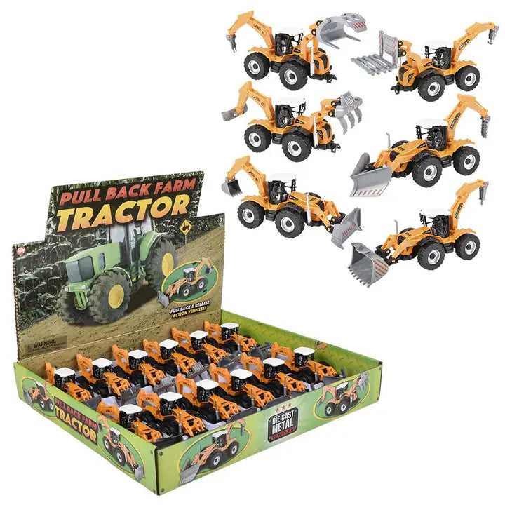 7" Diecast Pull Back Farm Tractor Assortment