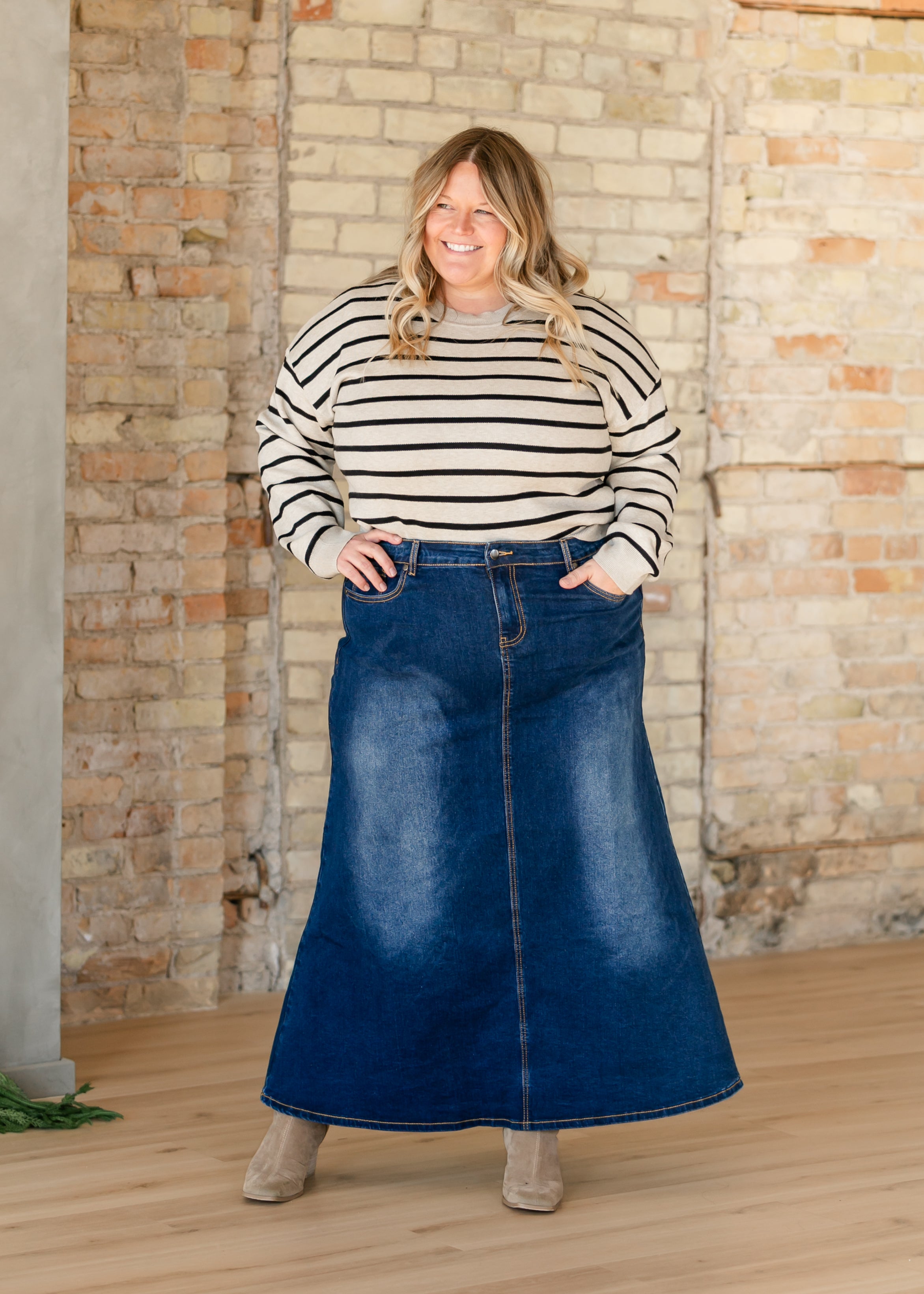 Bethany Dark Wash A-line Long Denim Skirt