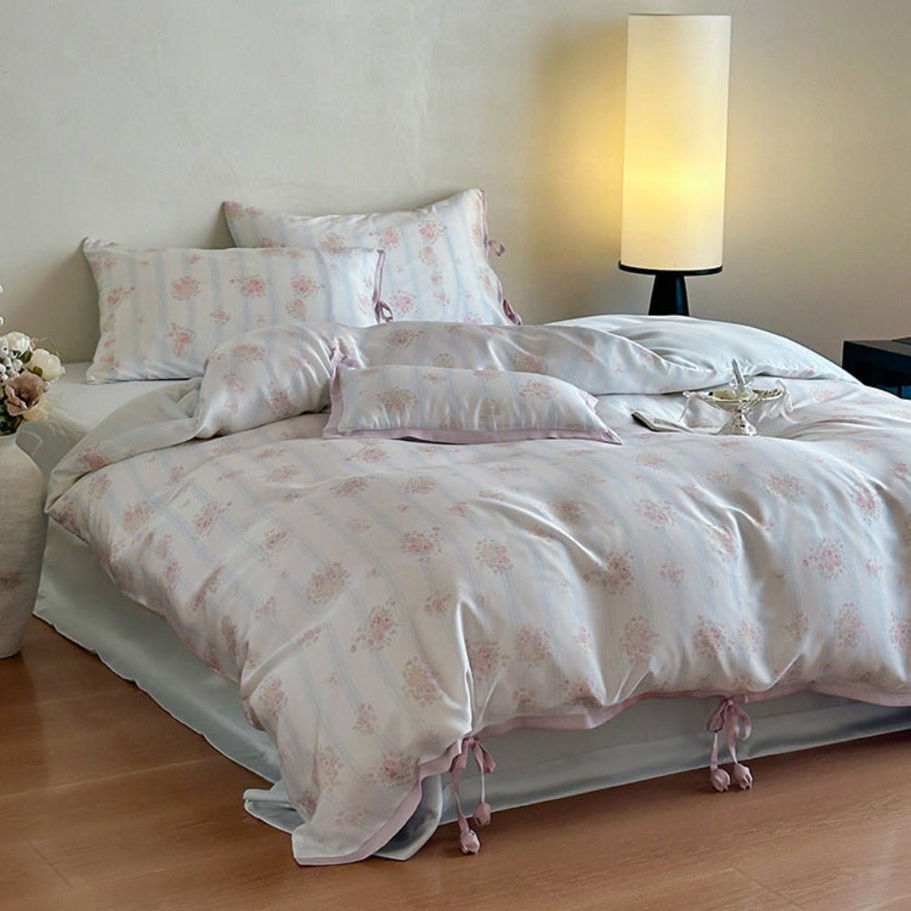 Bianca Floral Ribbon Tied TENCEL™ Bedding Set / Ivory Blue