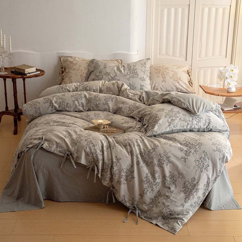 Bonnie Ribbon Bow Tie Floral Bedding Set / Dark Gray