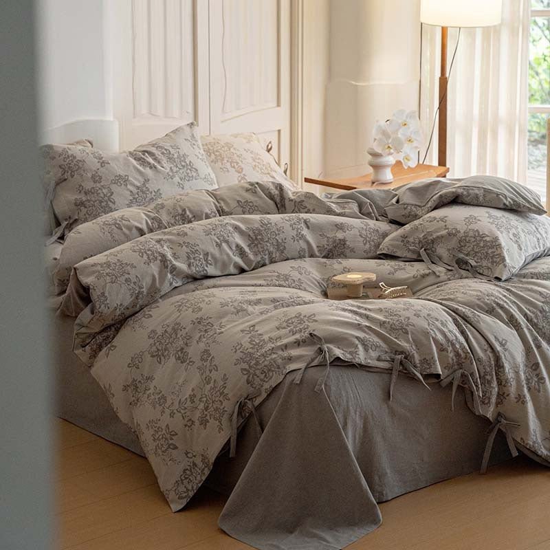 Bonnie Ribbon Bow Tie Floral Bedding Set / Dark Gray