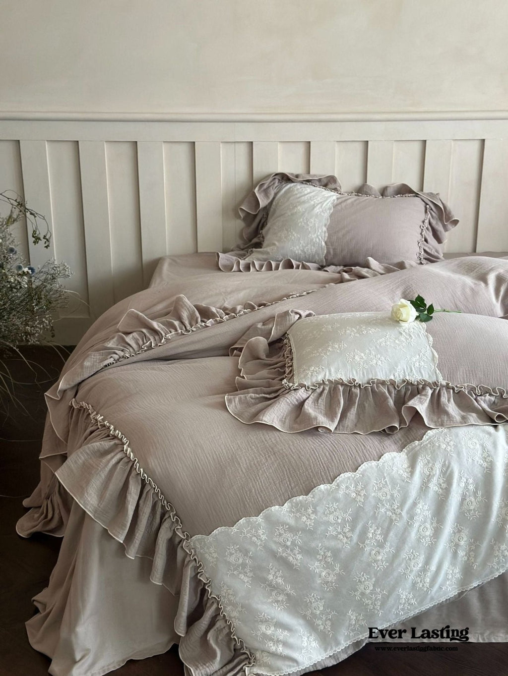 Celeste Soft Lace Embroidered Ruffle Bedding Set  / Coffee Brown