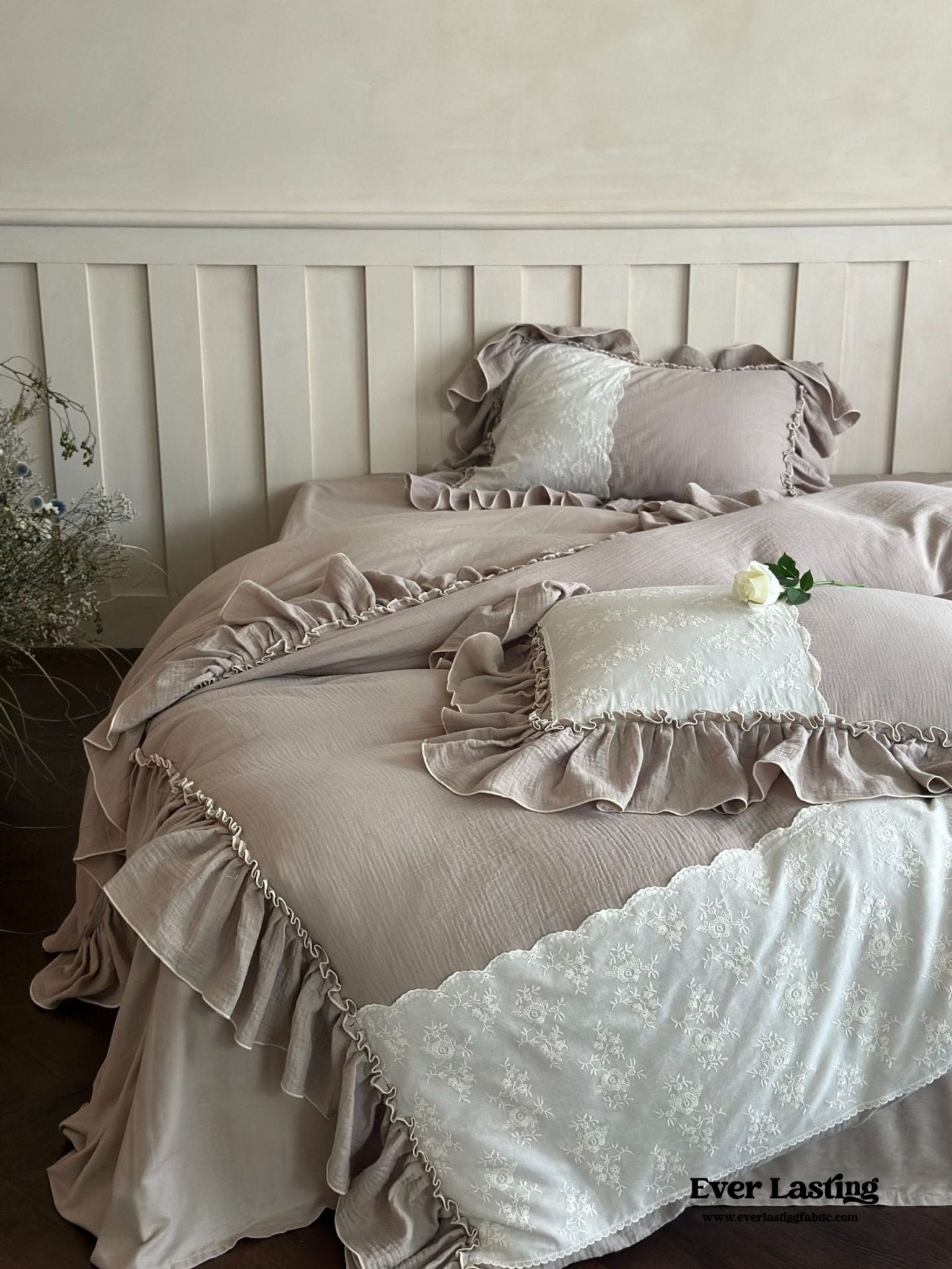 Celeste Soft Lace Embroidered Ruffle Bedding Set  / Coffee Brown