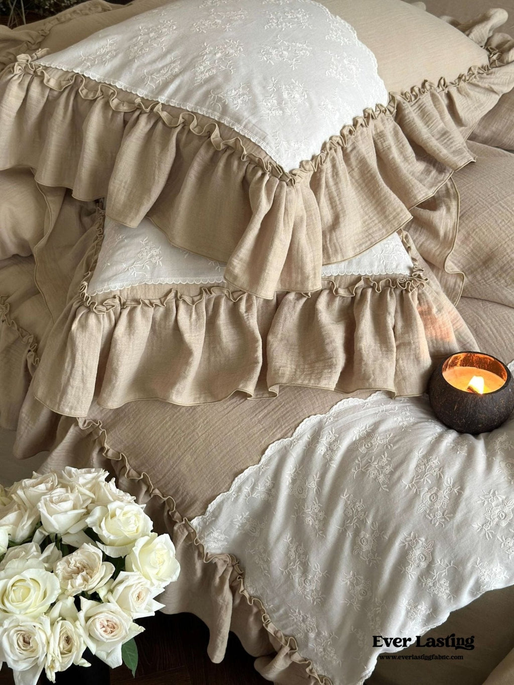 Celeste Soft Lace Embroidered Ruffle Bedding Set  / Coffee Brown