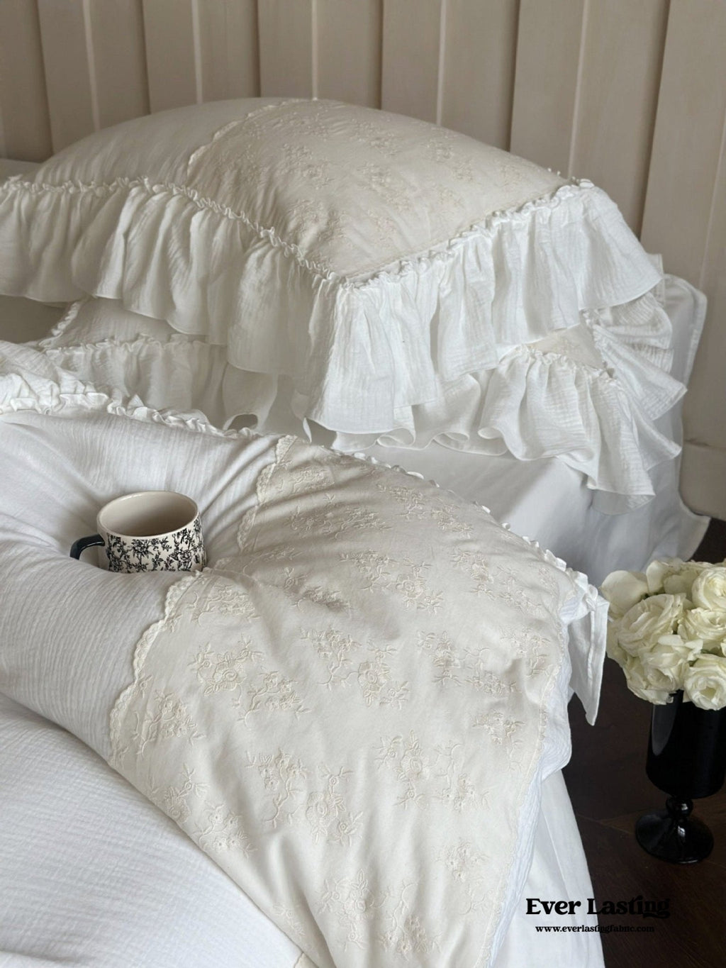 Celeste Soft Lace Embroidered Ruffle Bedding Set  / Coffee Brown
