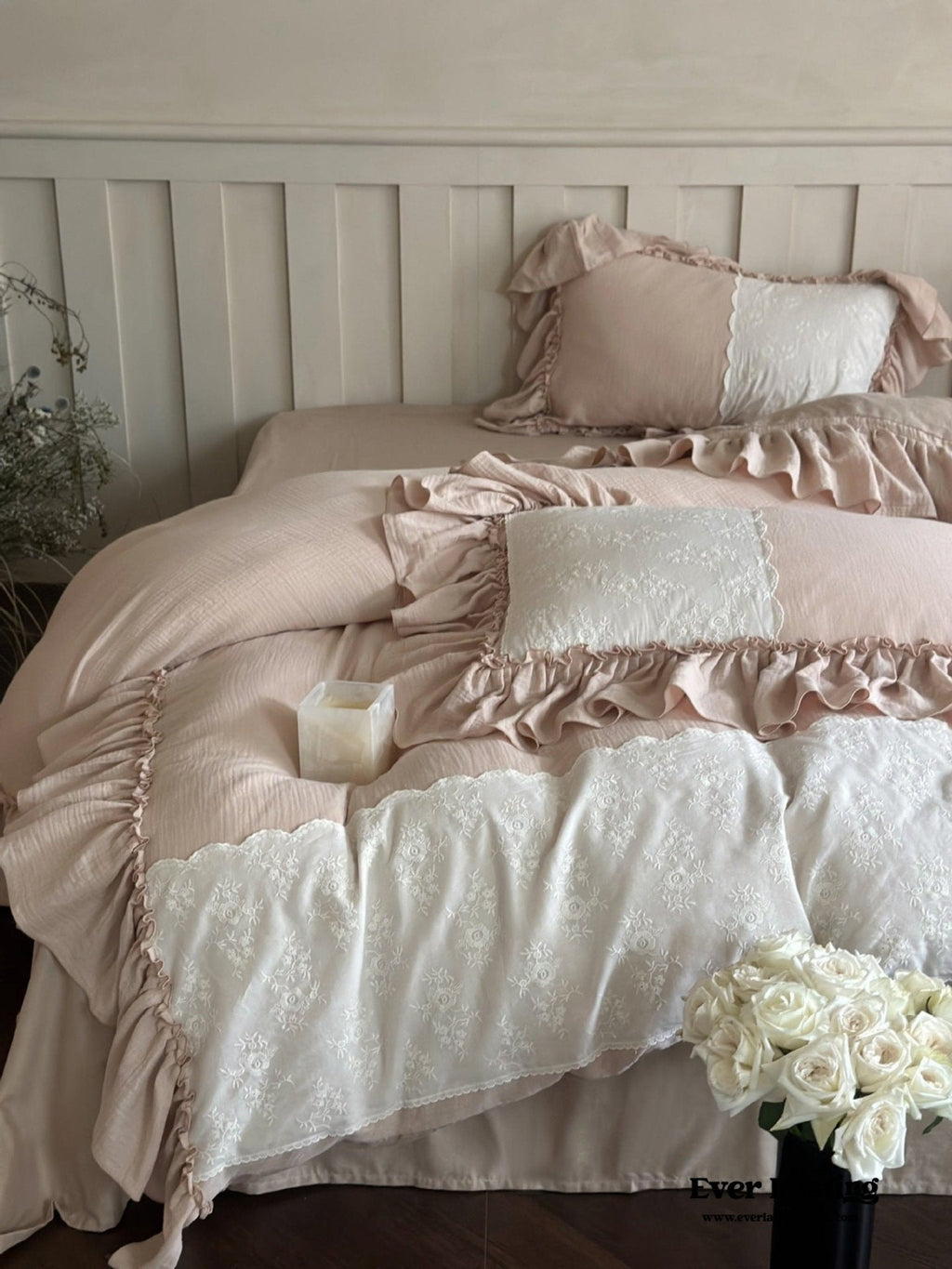 Celeste Soft Lace Embroidered Ruffle Bedding Set  / Coffee Brown