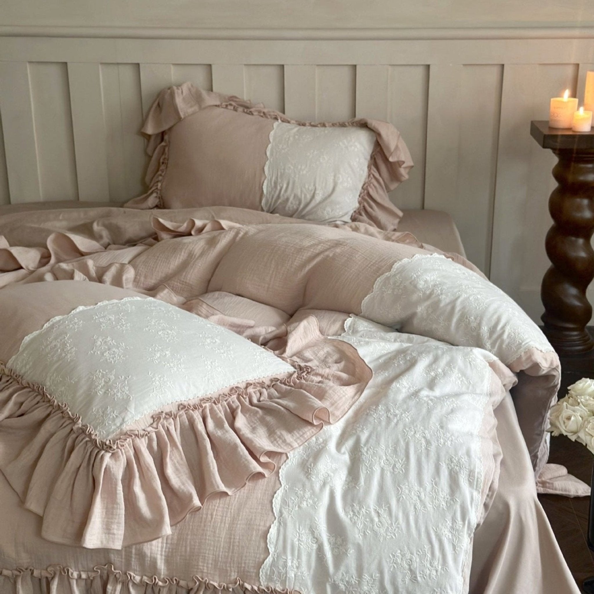 Celeste Soft Lace Embroidered Ruffle Bedding Set  / Coffee Brown