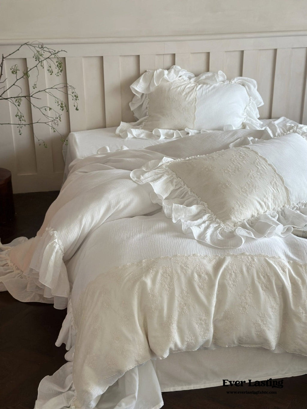 Celeste Soft Lace Embroidered Ruffle Bedding Set  / Olive Green