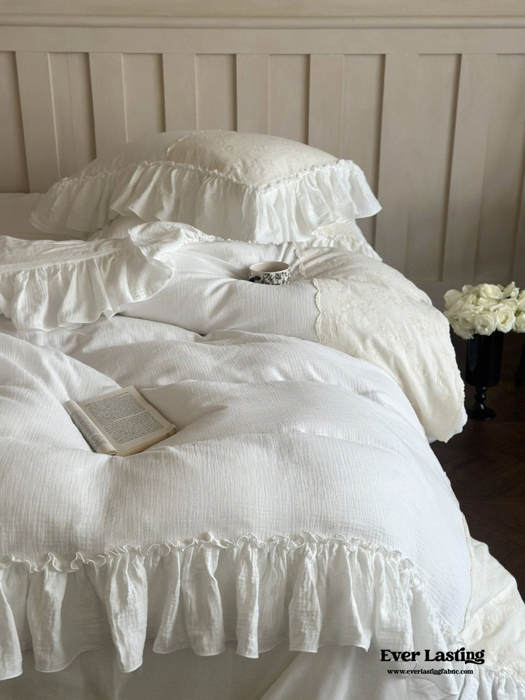 Celeste Soft Lace Embroidered Ruffle Bedding Set  / Olive Green
