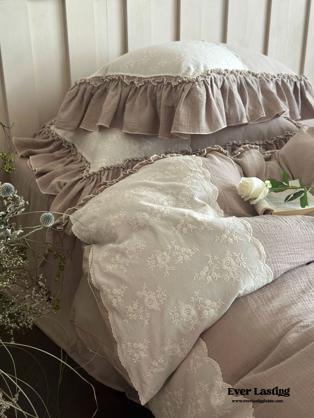 Celeste Soft Lace Embroidered Ruffle Bedding Set  / Olive Green