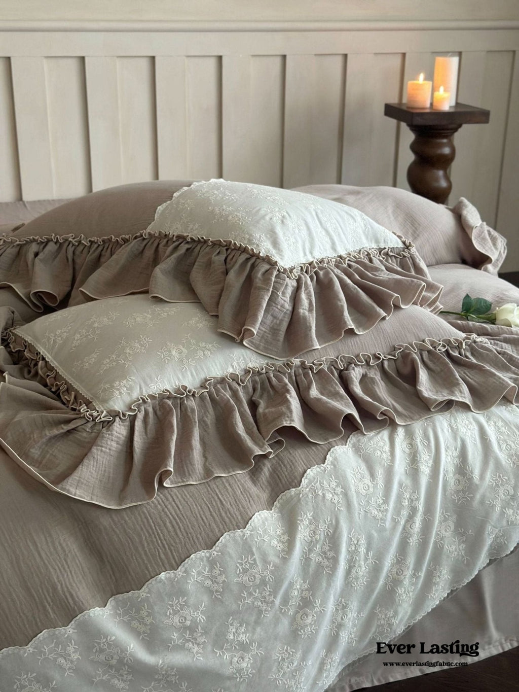 Celeste Soft Lace Embroidered Ruffle Bedding Set  / Olive Green