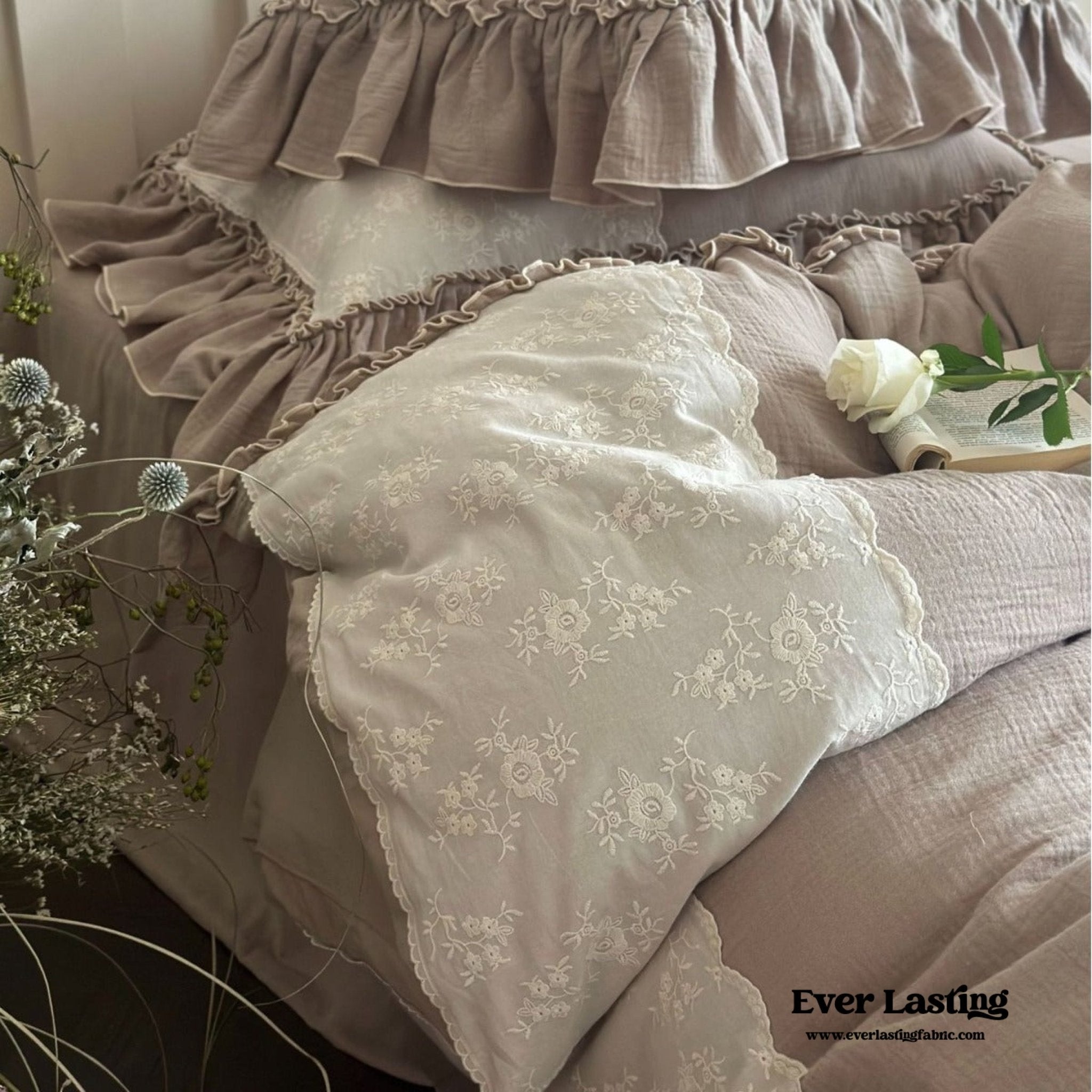 Celeste Soft Lace Embroidered Ruffle Bedding Set  / Olive Green