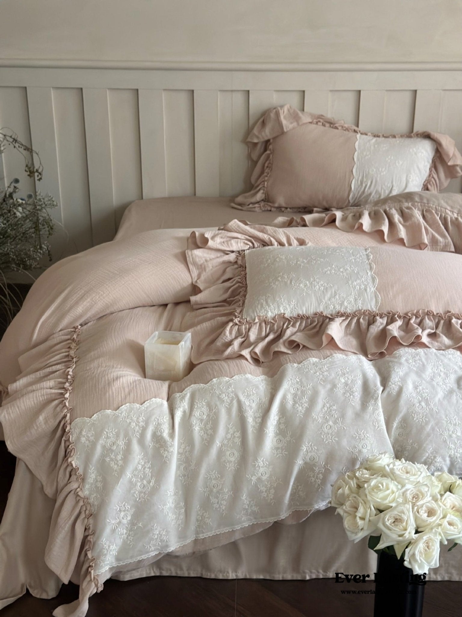 Celeste Soft Lace Embroidered Ruffle Bedding Set / Pink