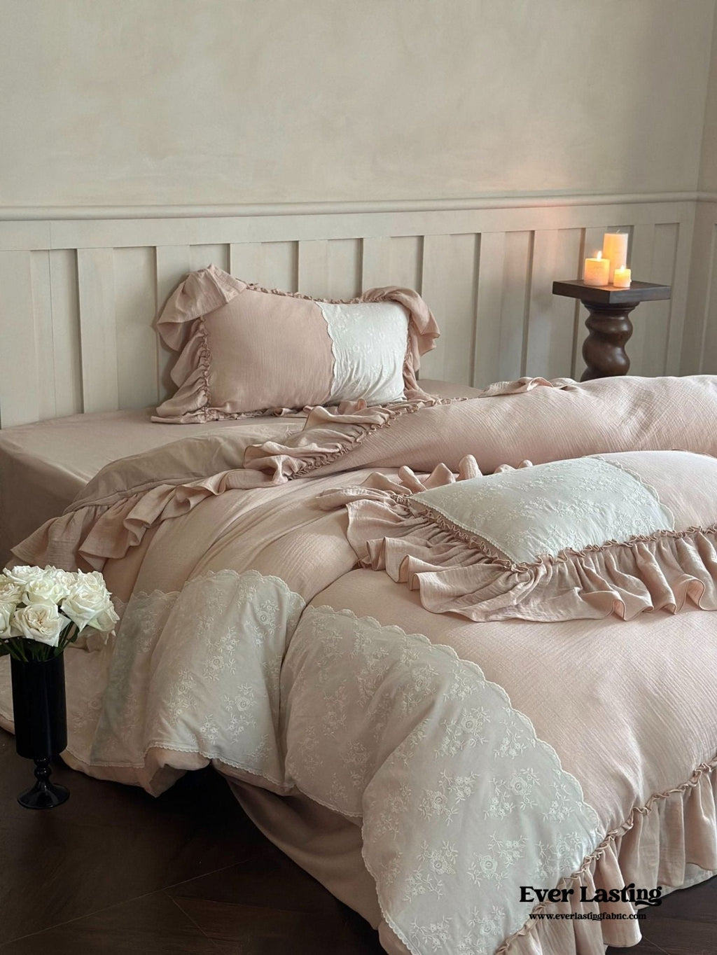 Celeste Soft Lace Embroidered Ruffle Bedding Set / White