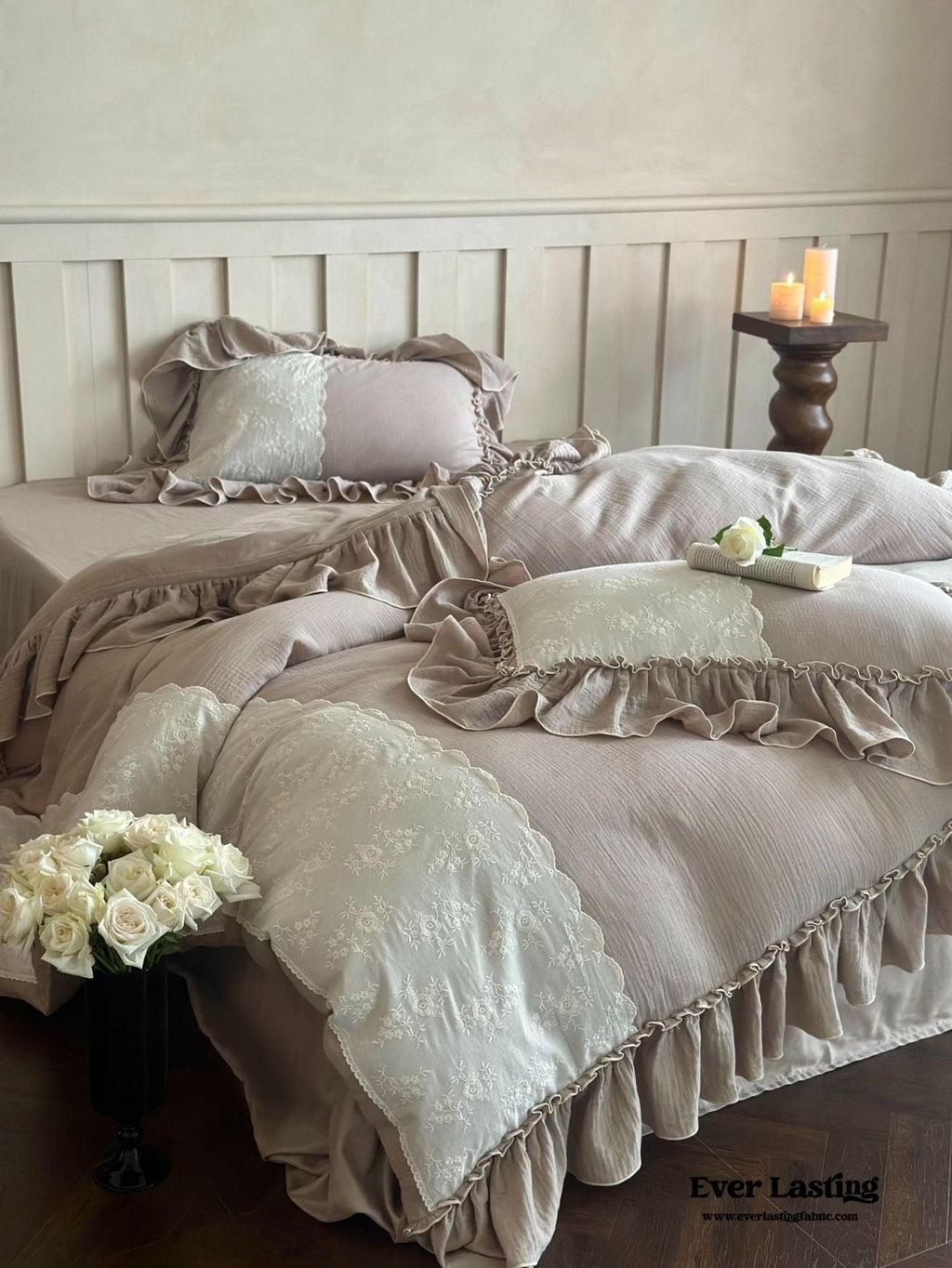 Celeste Soft Lace Embroidered Ruffle Bedding Set / White