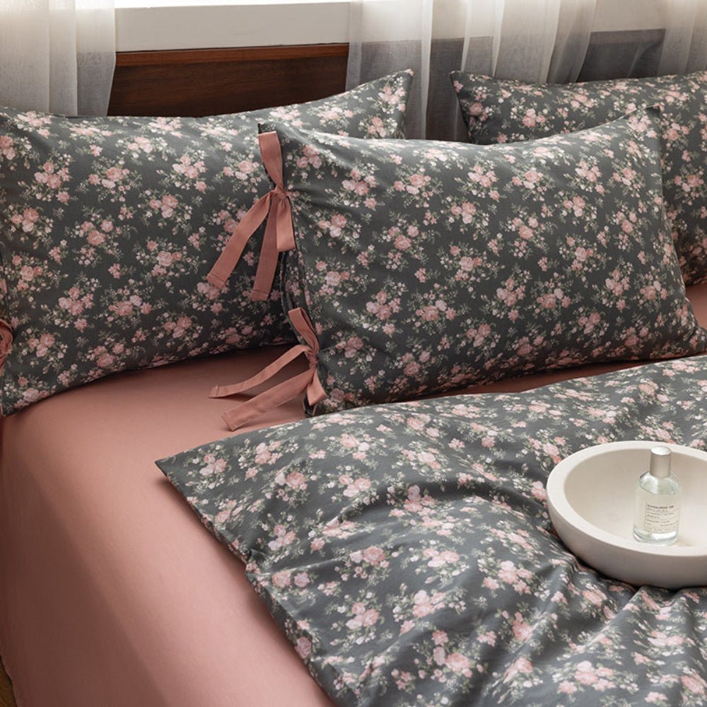 Celia Cottage Ribbon Bow Tie Floral Bedding Set / Rust Pink