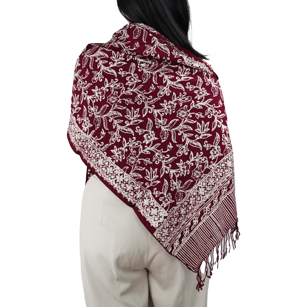 Handmade Batik Scarf, soft Cotton, Red White Cherish, Burgundy