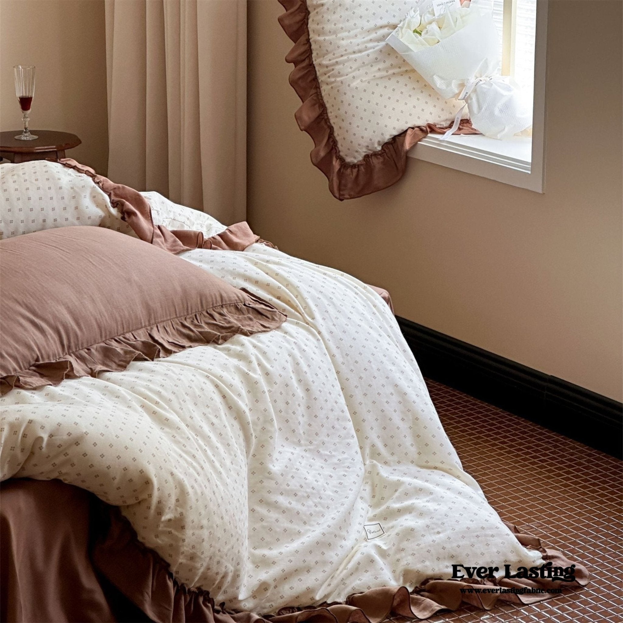 Cottage Inspired Ruffle Bedding Set / Brown
