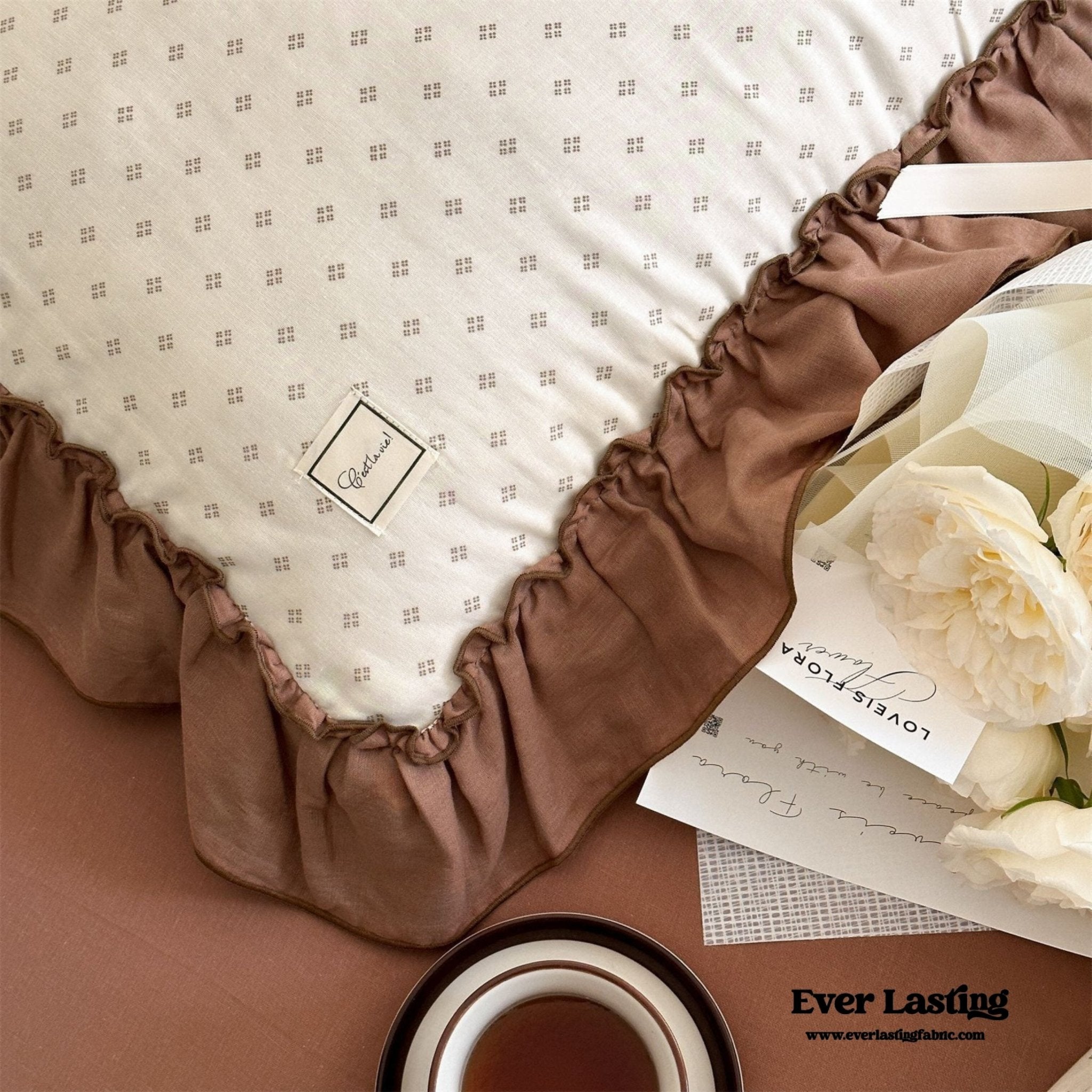 Cottage Inspired Ruffle Bedding Set / Brown