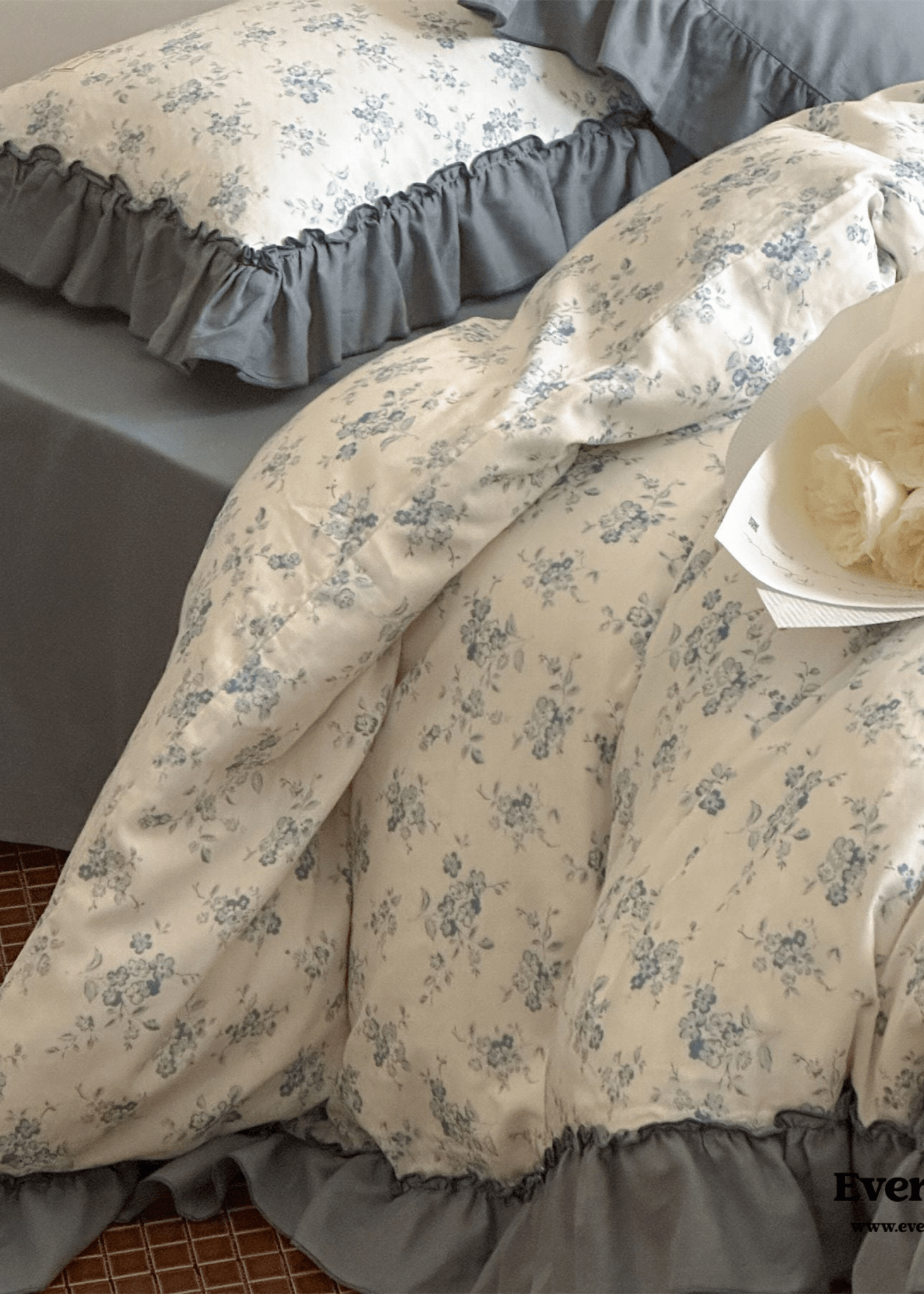 Cottage Inspired Ruffle Bedding Set / Ash Blue