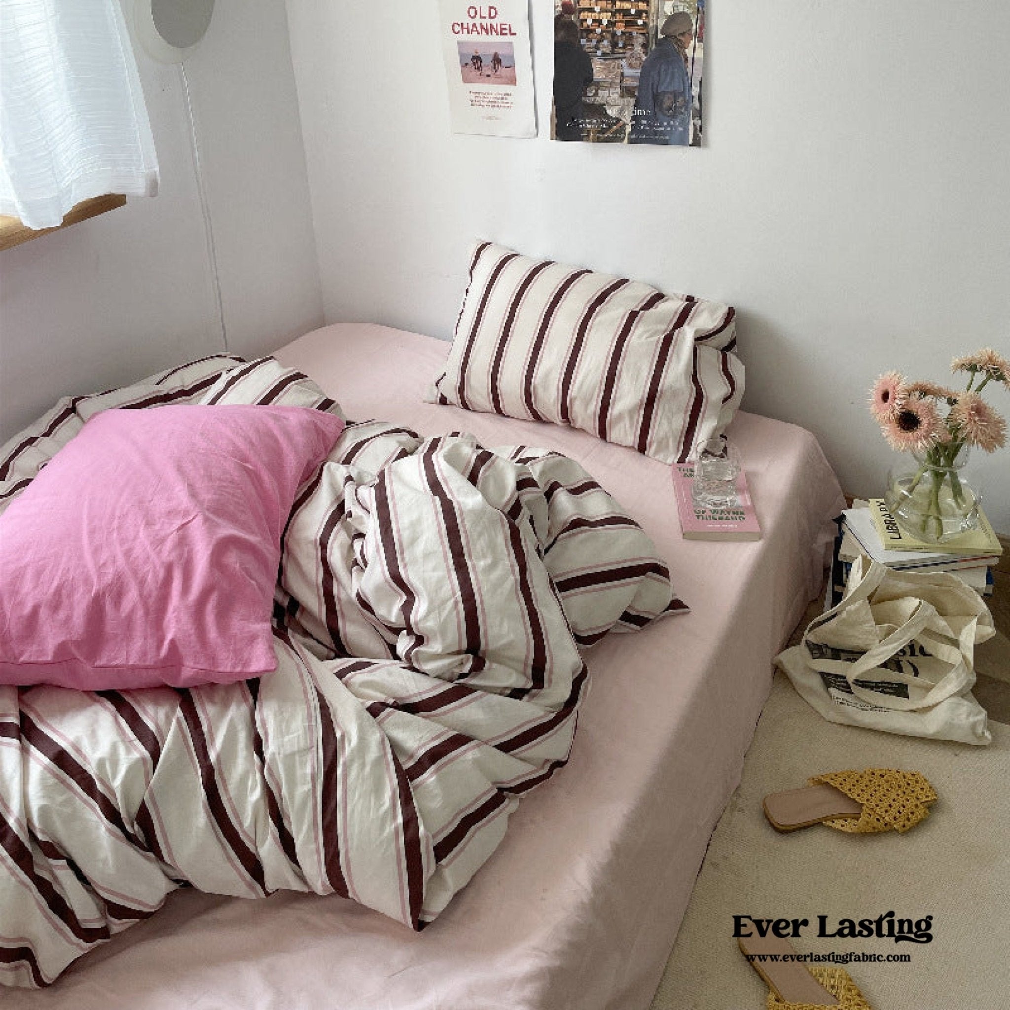 Cozy Washed Cotton Striped Bedding Set / Pink