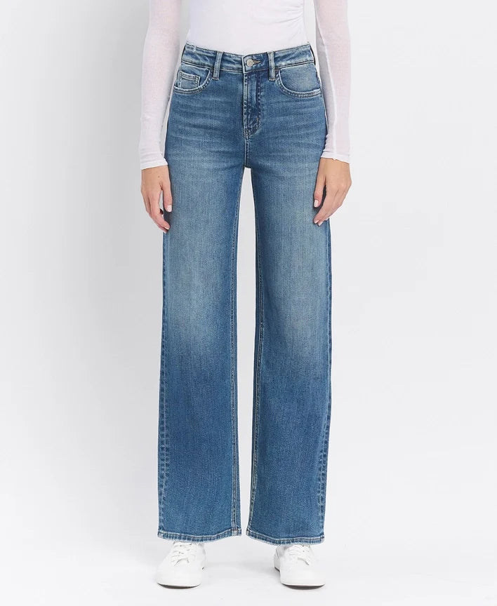 Super High Rise Medium Dark Wash Wide Leg Jeans