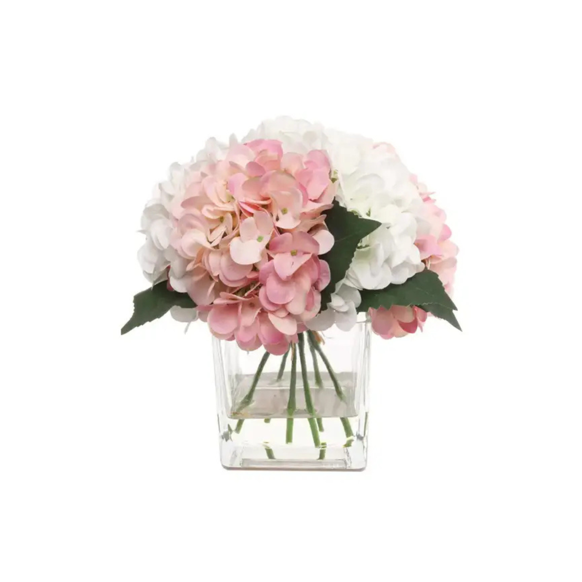 Pink & White Hydrangea Flowers In Glass Vase