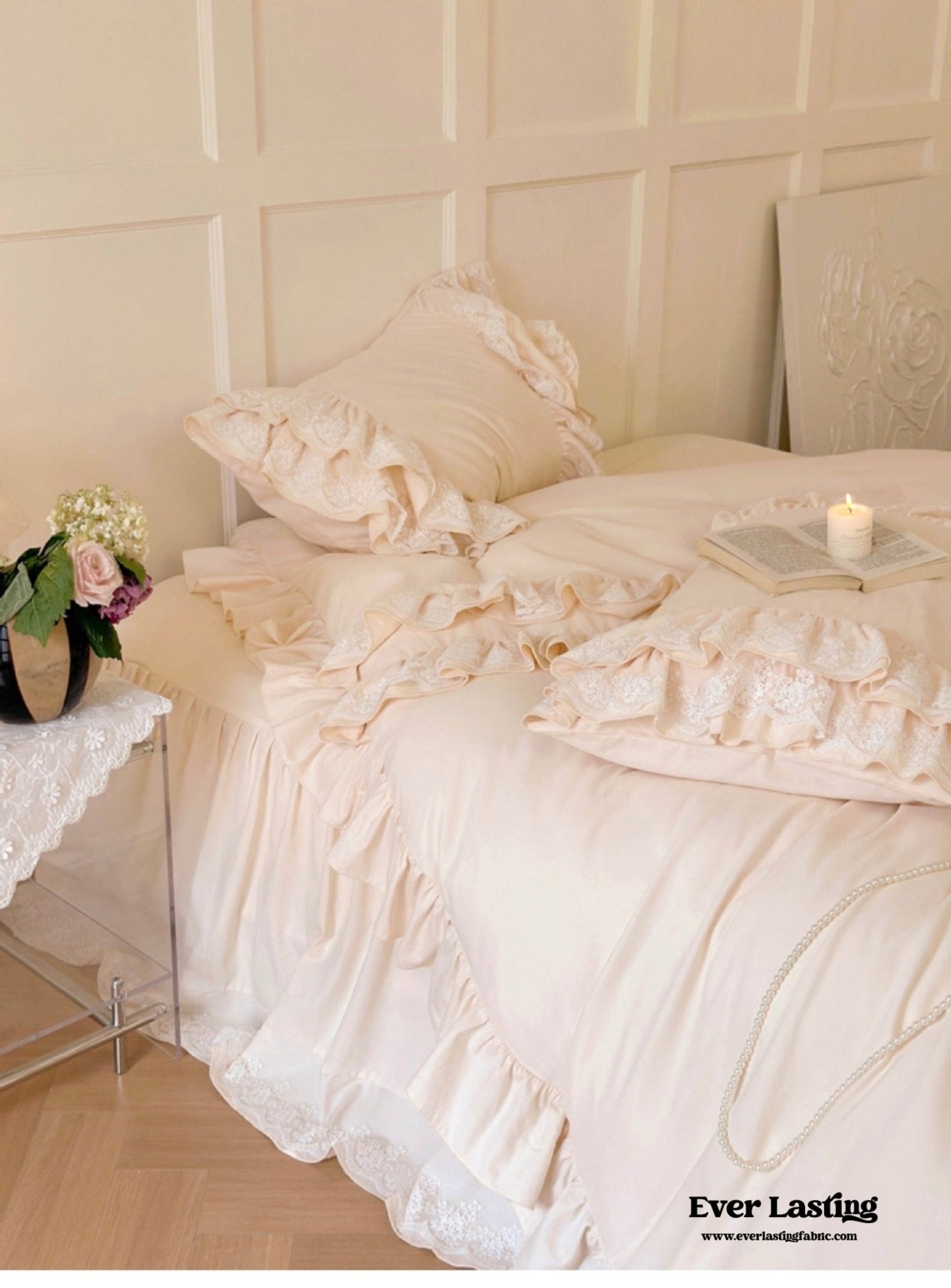 Double Lace Coquette Ruffle Bedding Set / Baby Pink