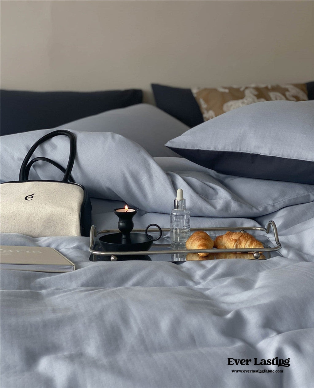 DUO Minimal Double Layer Washed Cotton Bedding Set / Khaki + Brown