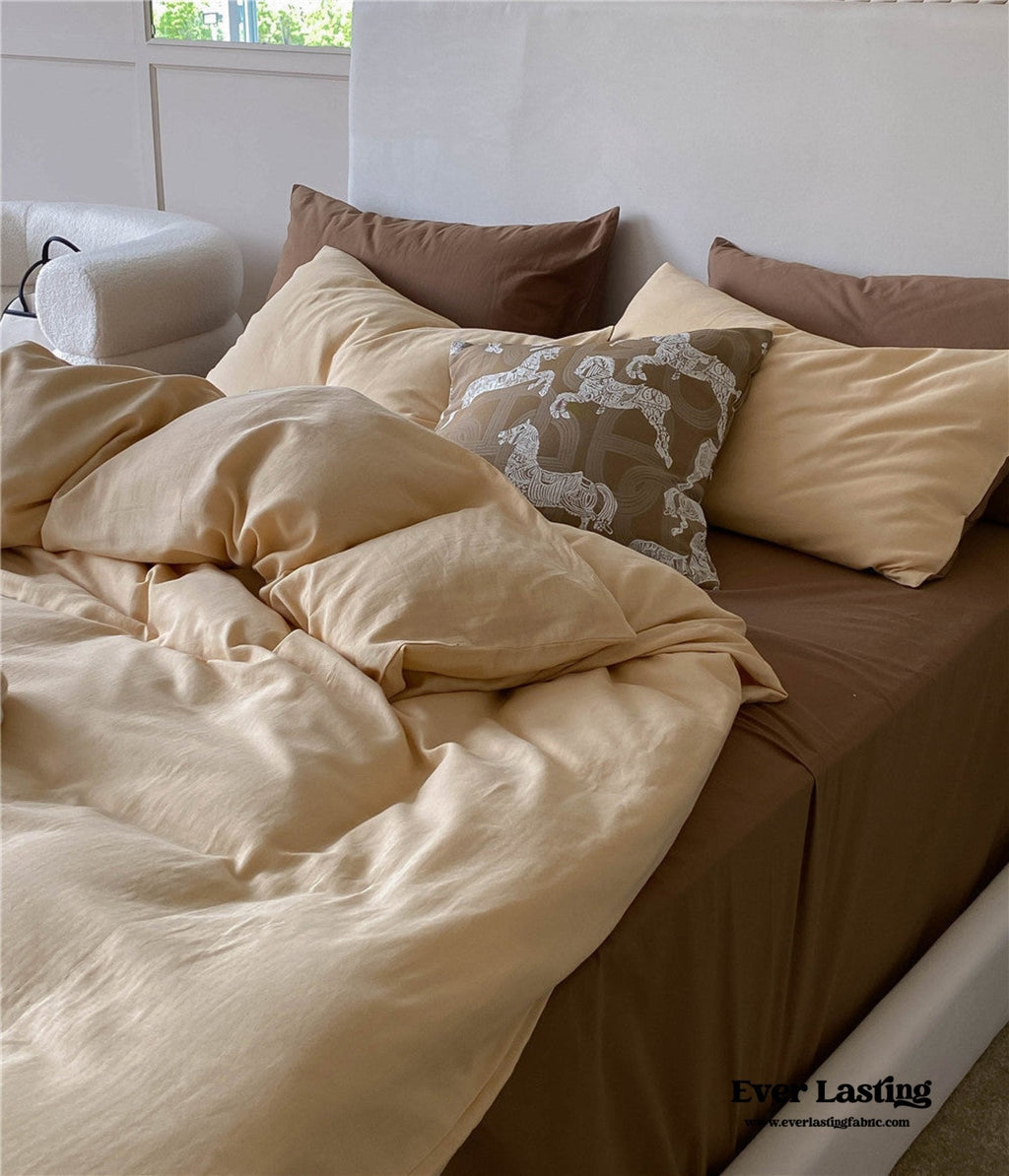 DUO Minimal Double Layer Washed Cotton Bedding Set / Khaki + Brown