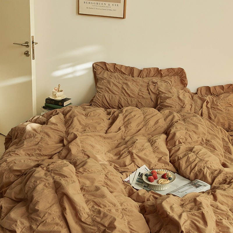 Earth Tone Marshmallow Puff Ruffle Bedding Set / Pumpkin Brown