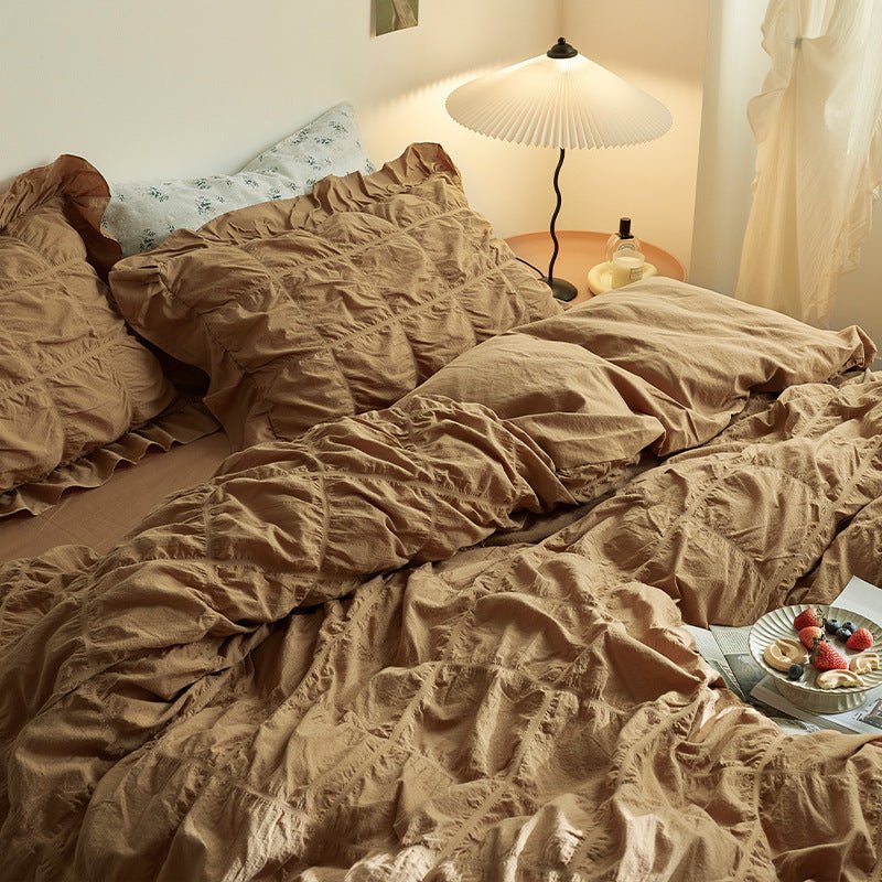 Earth Tone Marshmallow Puff Ruffle Bedding Set / Rust Pink