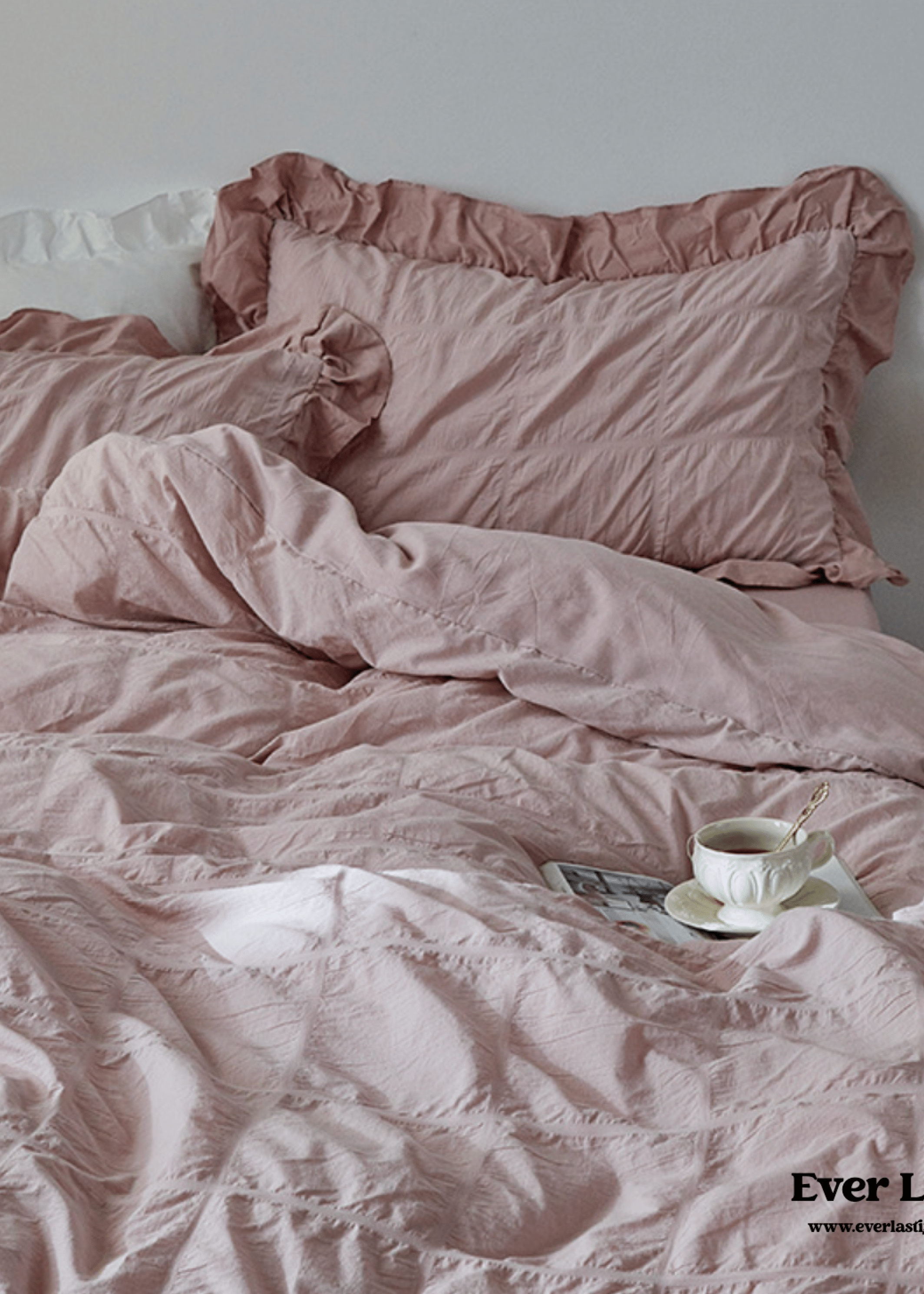 Earth Tone Marshmallow Puff Ruffle Bedding Set / Rust Pink