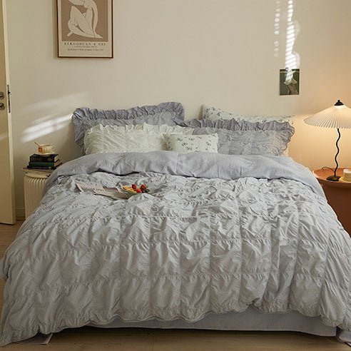 Earth Tone Marshmallow Puff Ruffle Bedding Set / White
