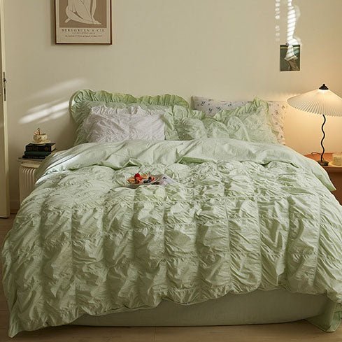Earth Tone Marshmallow Puff Ruffle Bedding Set / White