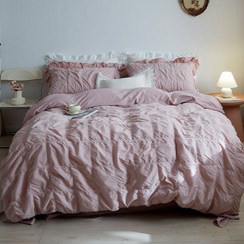 Earth Tone Marshmallow Puff Ruffle Bedding Set / White