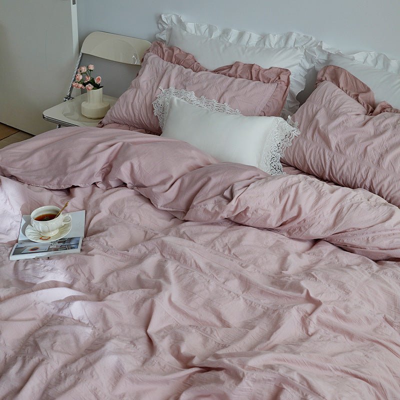 Earth Tone Marshmallow Puff Ruffle Bedding Set / White