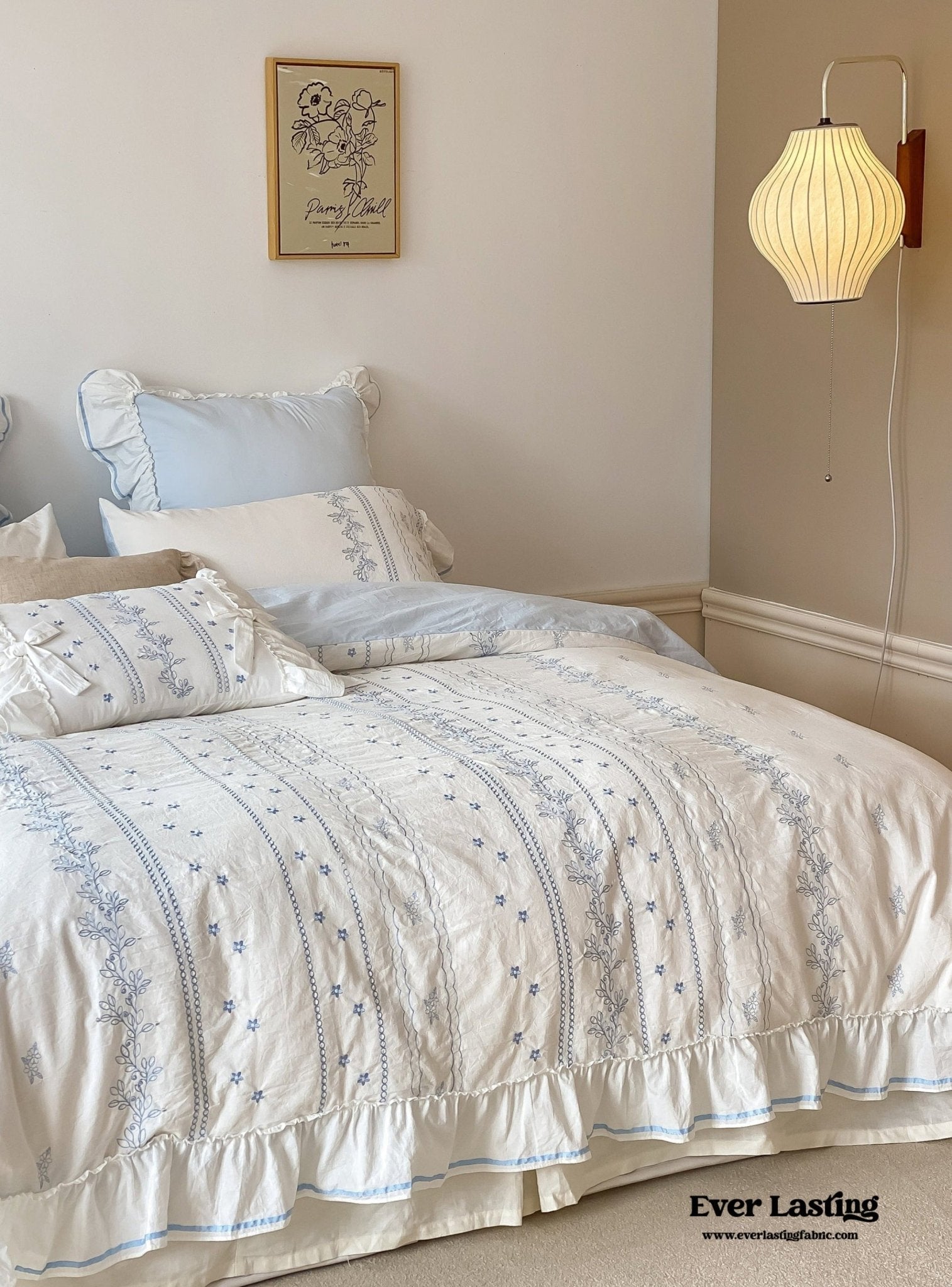 Embroidered French Lace Ruffle Bedding Set / Pink