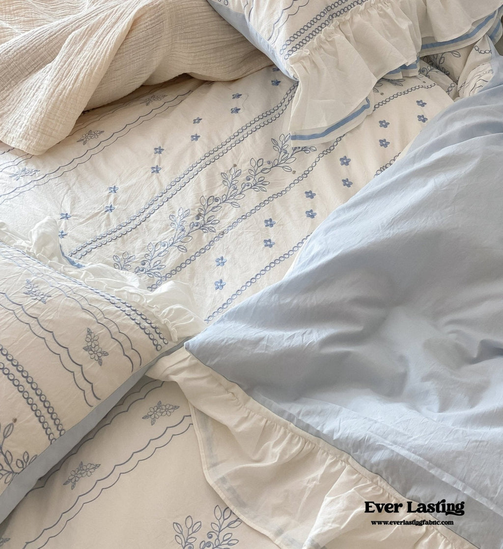 Embroidered French Lace Ruffle Duvet Cover / Blue