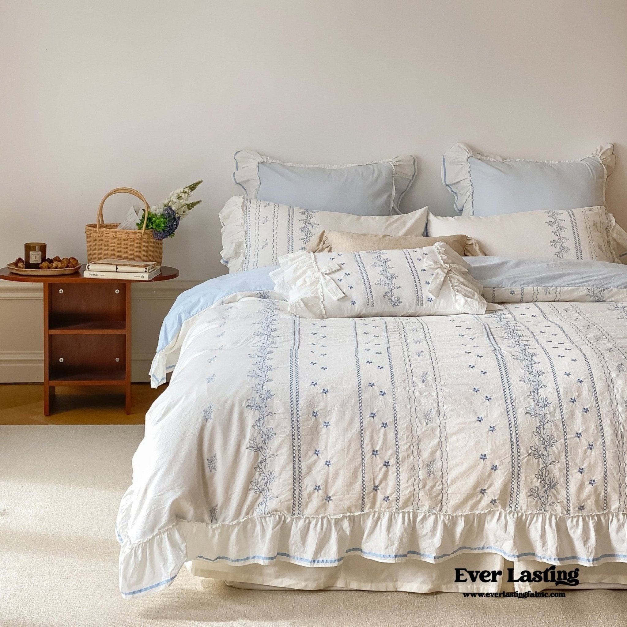 Embroidered French Lace Ruffle Duvet Cover / Blue