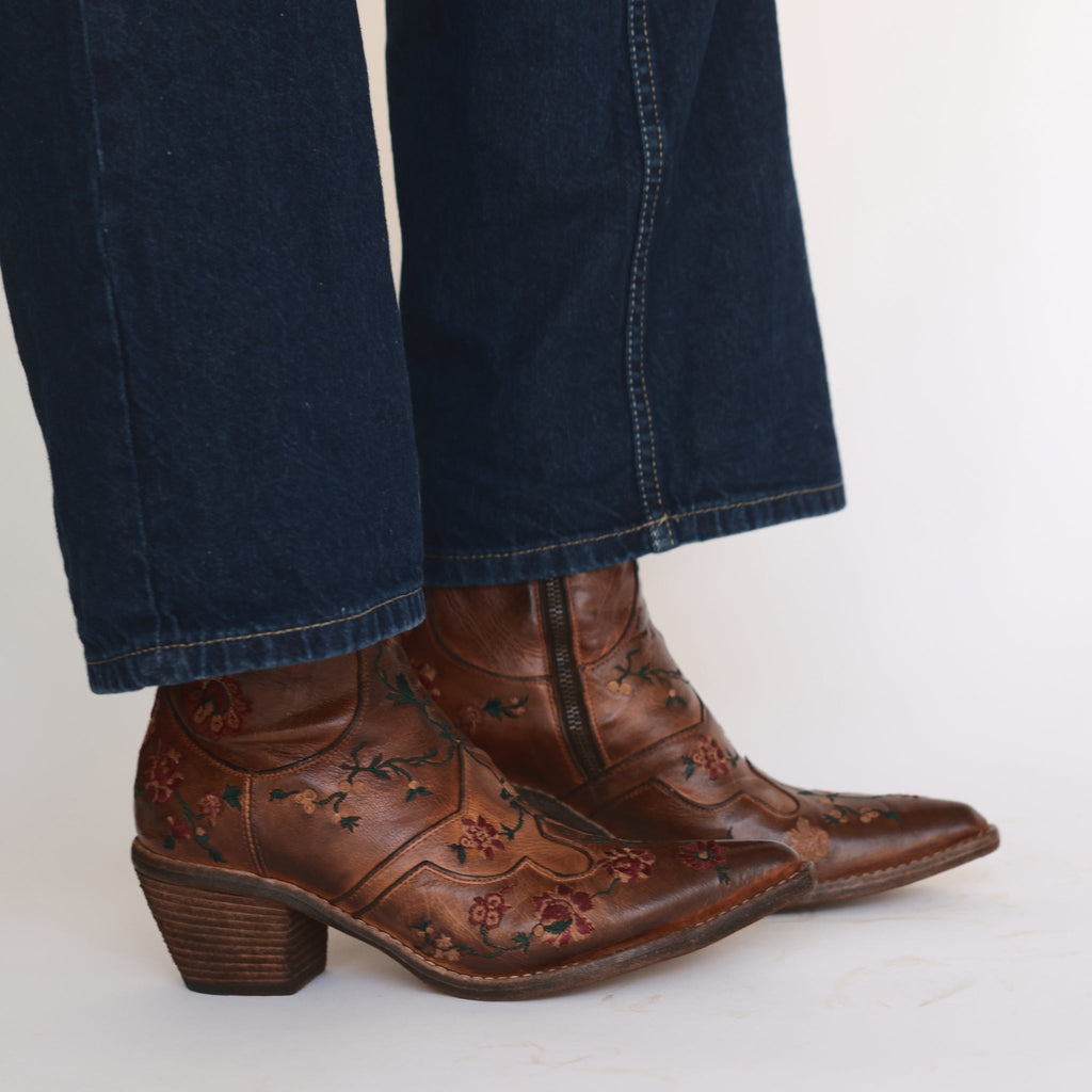 Tan Leather Embroidered Ankle Boot