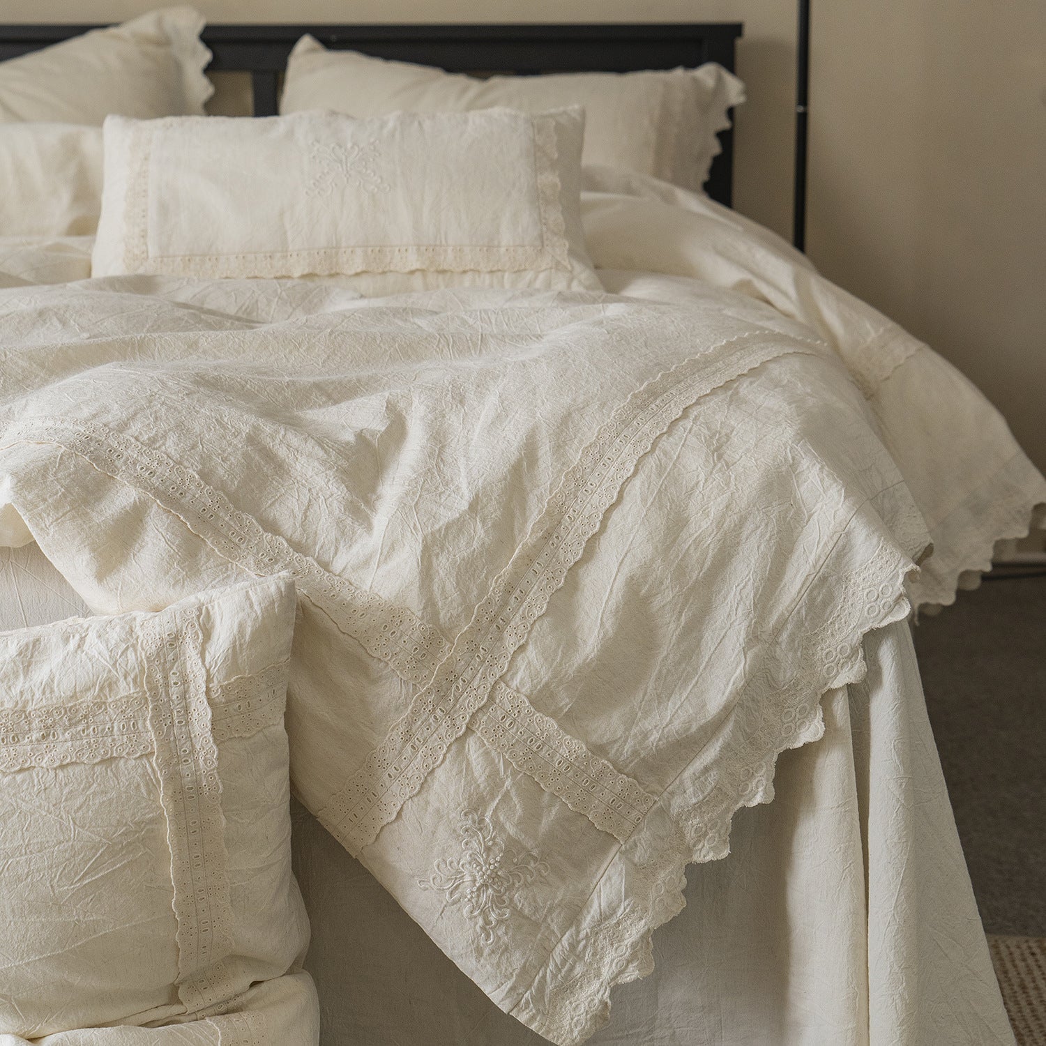 Esme French Linen Cotton Embroidered Floral Bedding Set / White