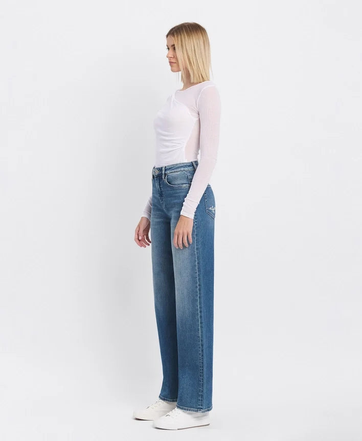 Super High Rise Medium Dark Wash Wide Leg Jeans