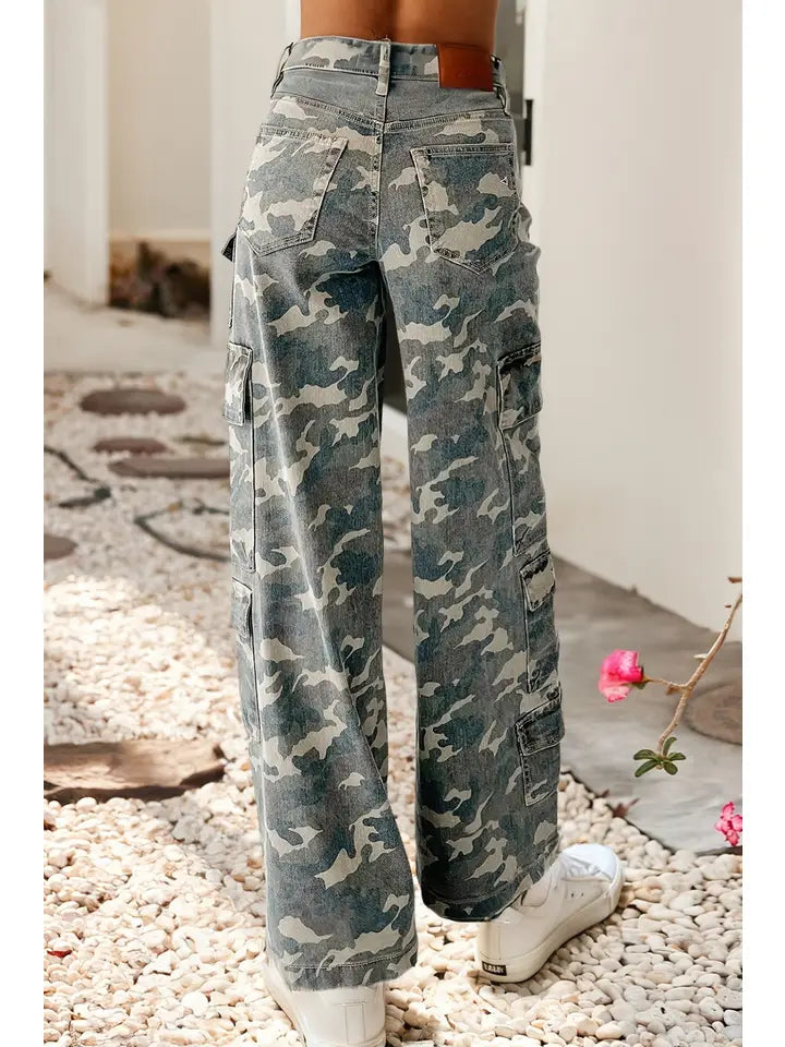 Camo Denim Cargo Wide Leg Pants
