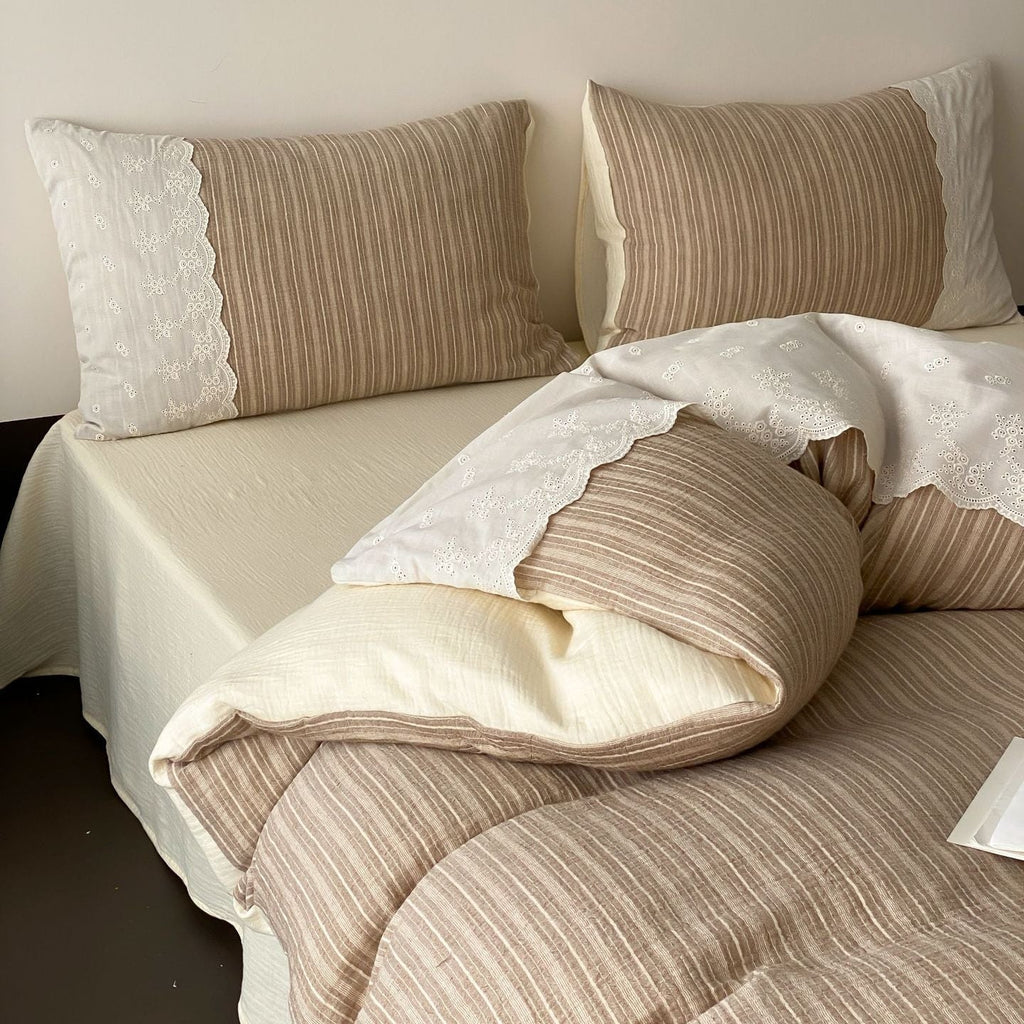 Florence Lace Double Gauze Striped Bedding Set / Beige Brown