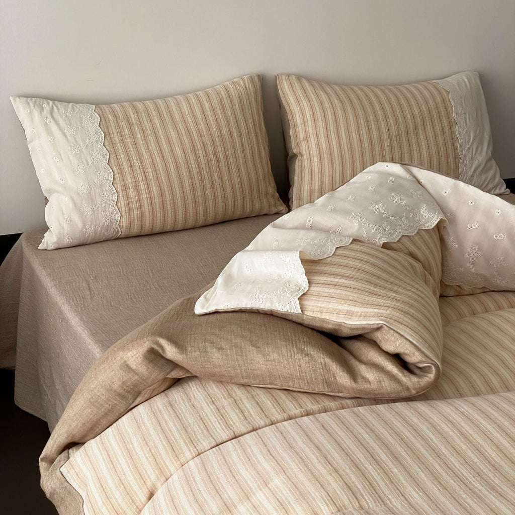 Florence Lace Double Gauze Striped Bedding Set / Brown