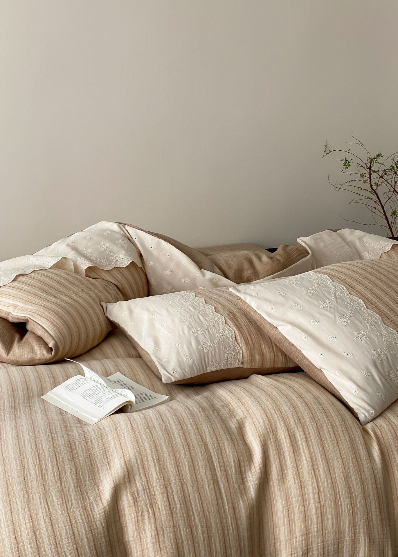 Florence Lace Double Gauze Striped Bedding Set / Green