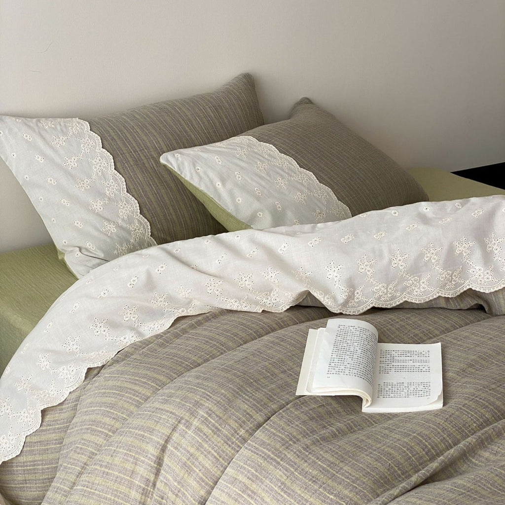 Florence Lace Double Gauze Striped Bedding Set / Beige Brown